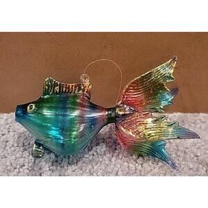 Vintage Beta Fish Guppy Rainbow Glitter Blown Glass Christmas Ornament